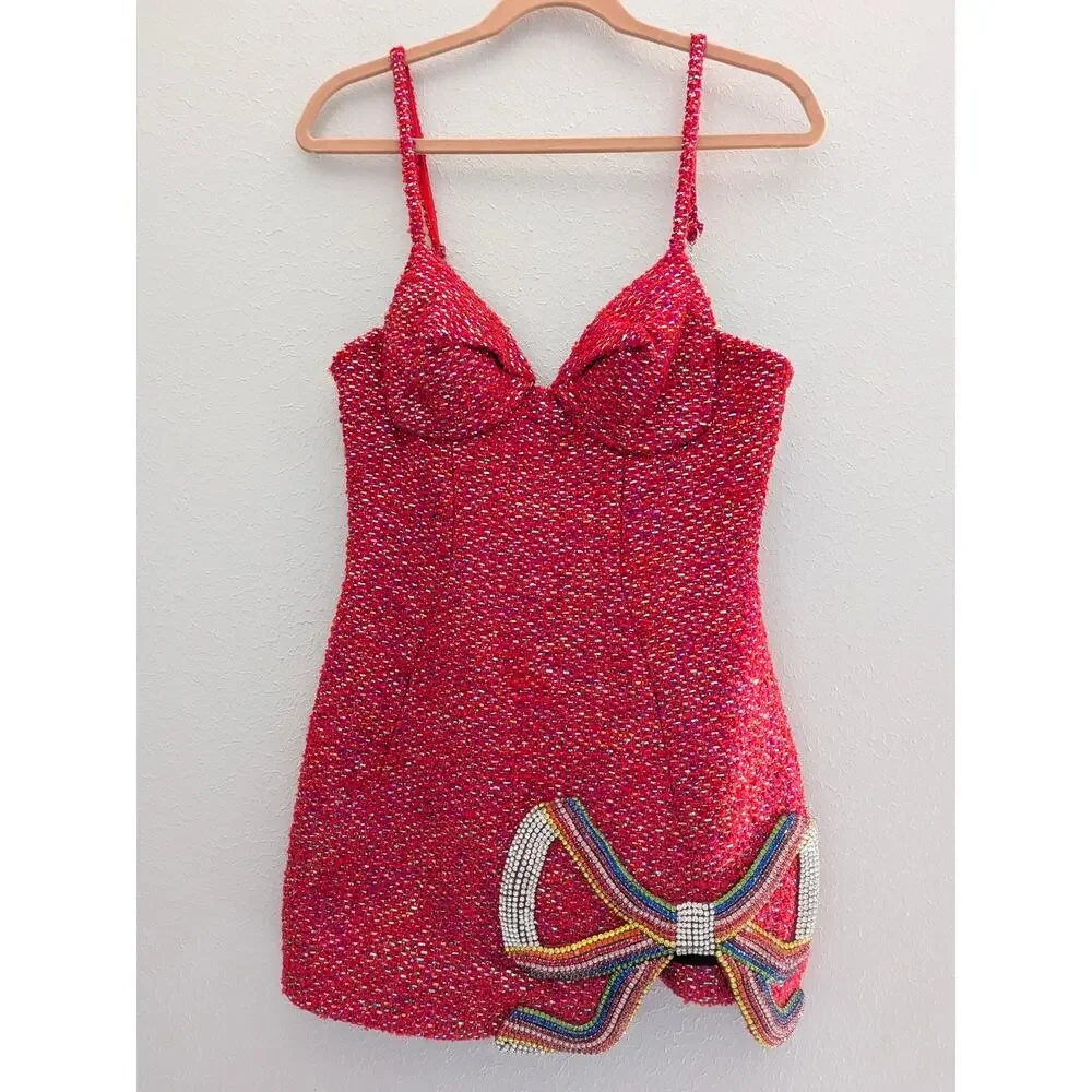 Area Crystal Bow Mini Dress Red Metallic Tweed Size 8 Cocktail Dress $1,595 - Picture 3 of 10